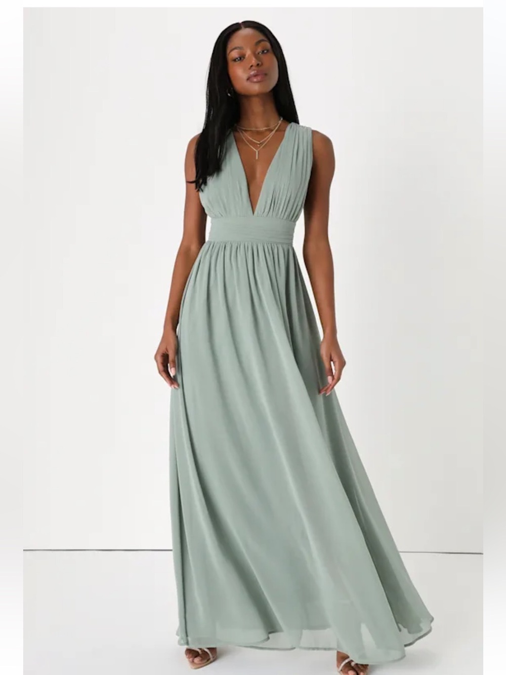 Lulu's Sage Green Deep V-Neck Maxi Dress